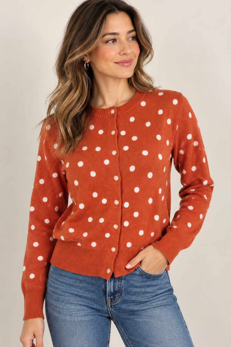 Old Navy Rust Orange & White Polka Dot Button Front Knit Cardigan Size M